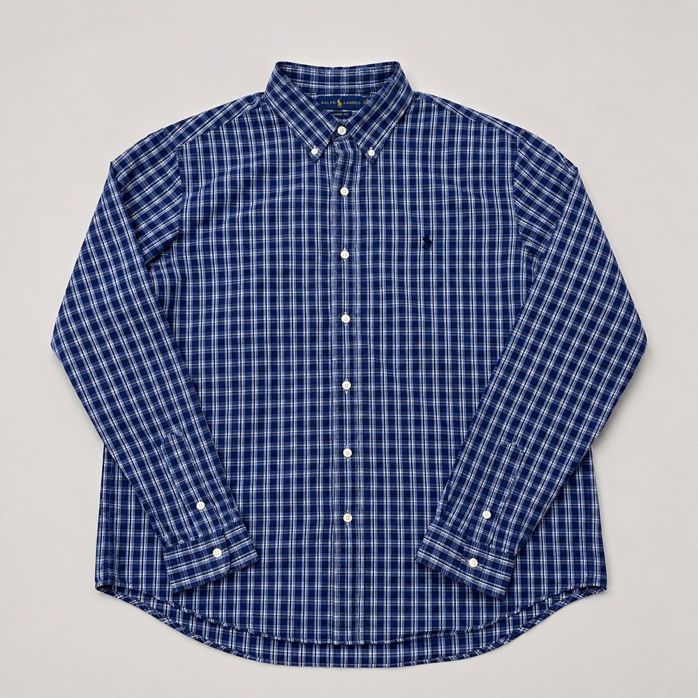 Ralph Lauren Custom Fit Mens Large Blue Plaid Button Up Shirt Long Sleeve